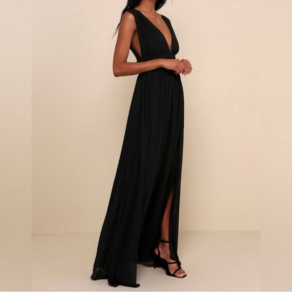 Lulus Heavenly Hues Maxi Dress Small Black Chiffon Slit Formal Wedding Guest 90s - Picture 3 of 12